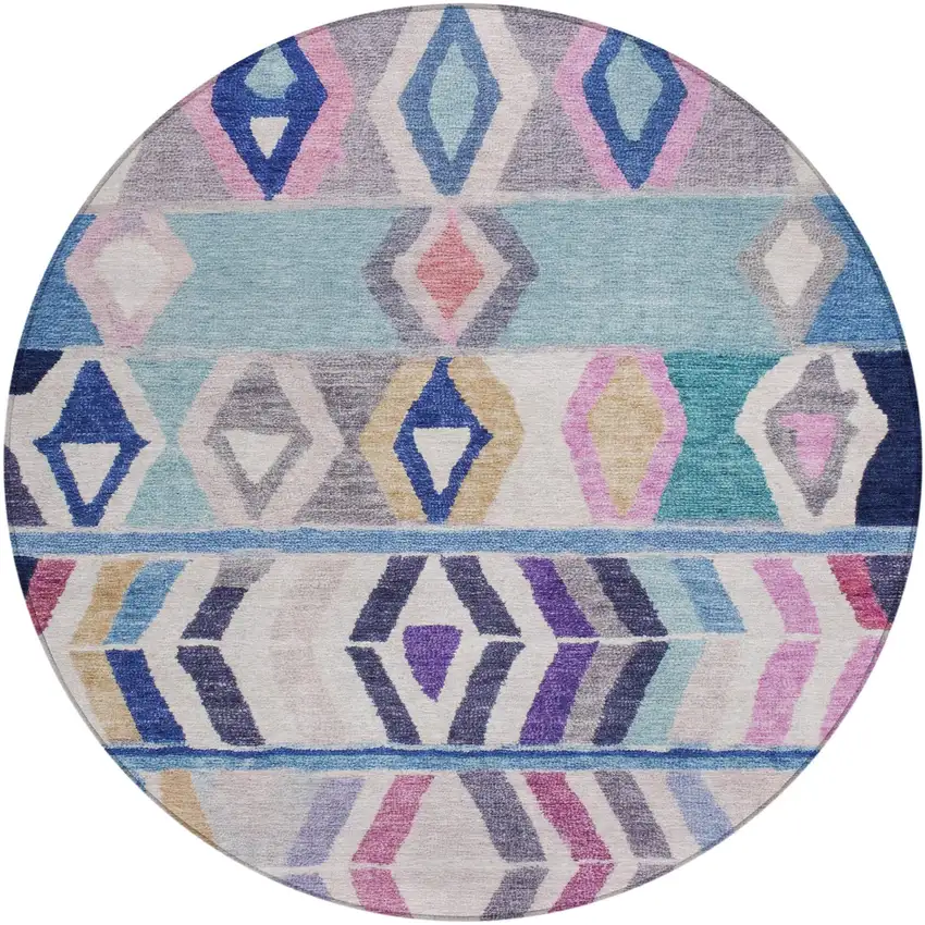 8' Blue And Silver Round Tribal Washable Indoor Outdoor Area Rug Photo 2