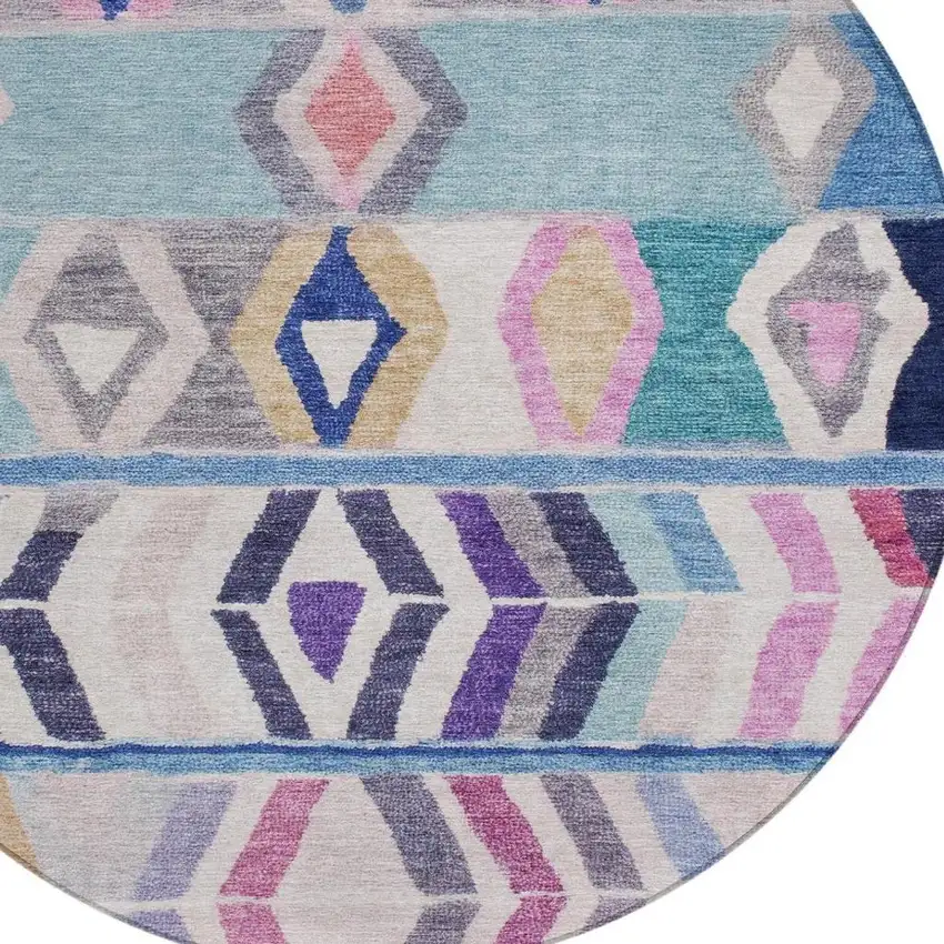 8' Blue And Silver Round Tribal Washable Indoor Outdoor Area Rug Photo 3
