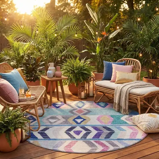 8' Blue And Silver Round Tribal Washable Indoor Outdoor Area Rug Photo 1