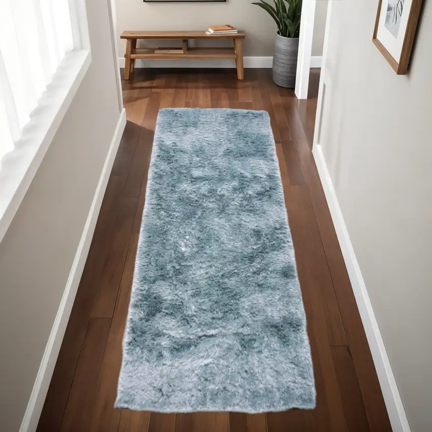 6' Blue And Silver Shag Tufted Handmade Runner Rug Photo 1