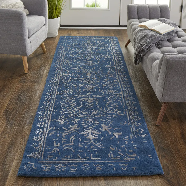 8' Blue And Silver Wool Floral Tufted Handmade Distressed Runner Rug Photo 3