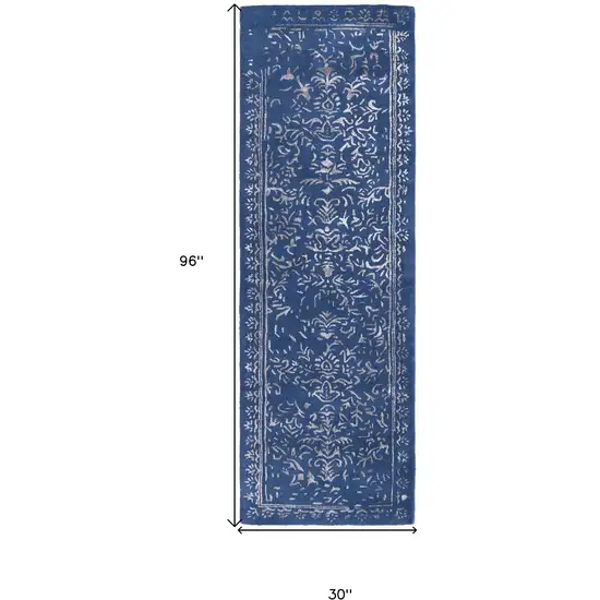 8' Blue And Silver Wool Floral Tufted Handmade Distressed Runner Rug Photo 6