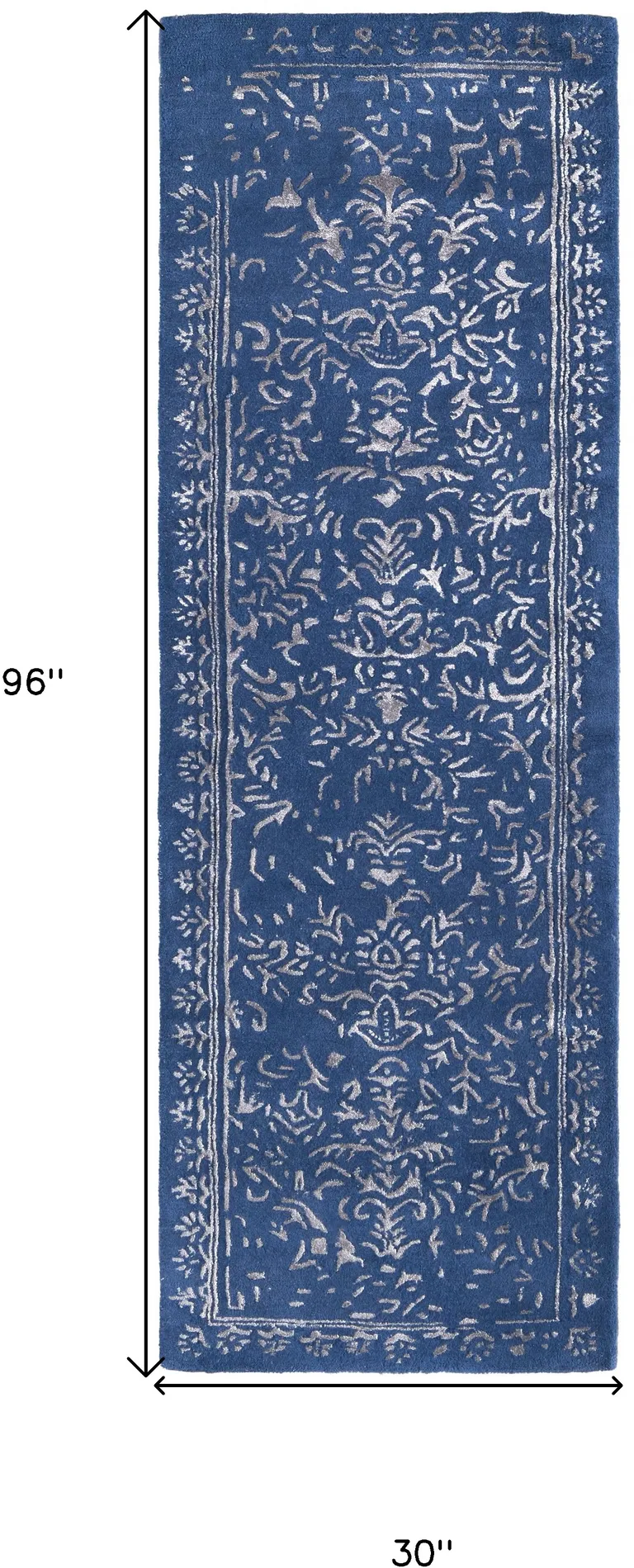 8' Blue And Silver Wool Floral Tufted Handmade Distressed Runner Rug Photo 5