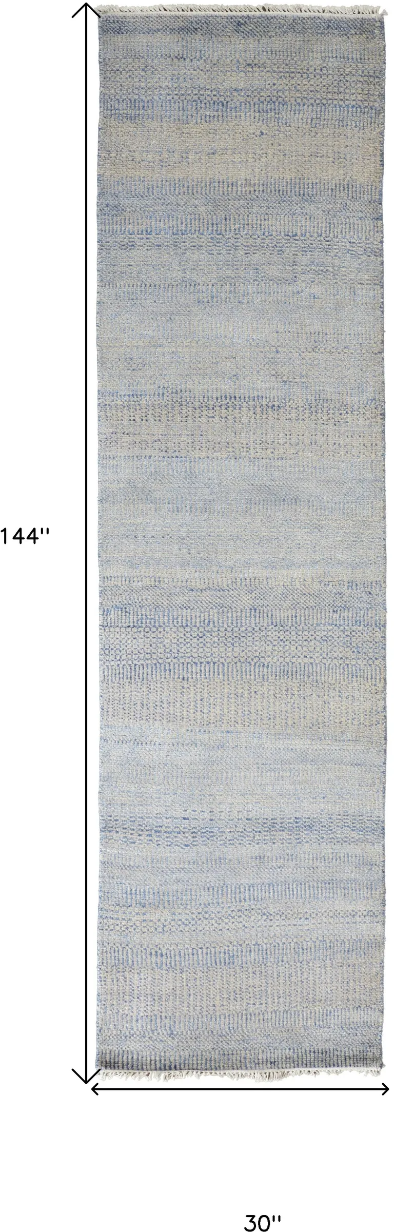 12' Blue And Silver Wool Striped Hand Knotted Runner Rug Photo 5
