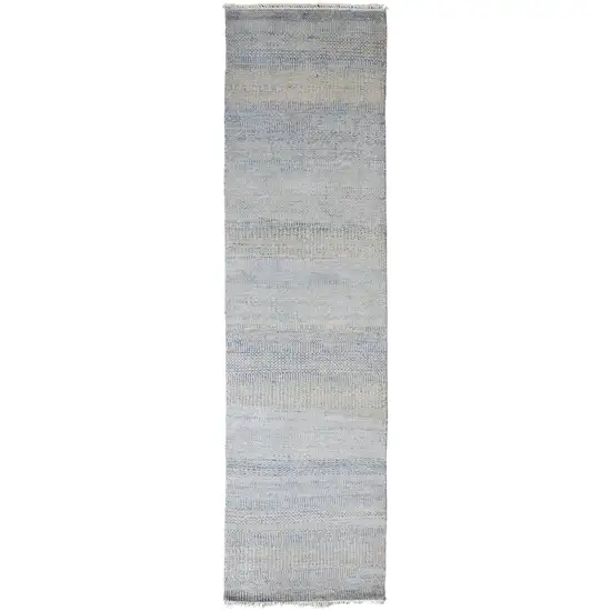 12' Blue And Silver Wool Striped Hand Knotted Runner Rug Photo 1