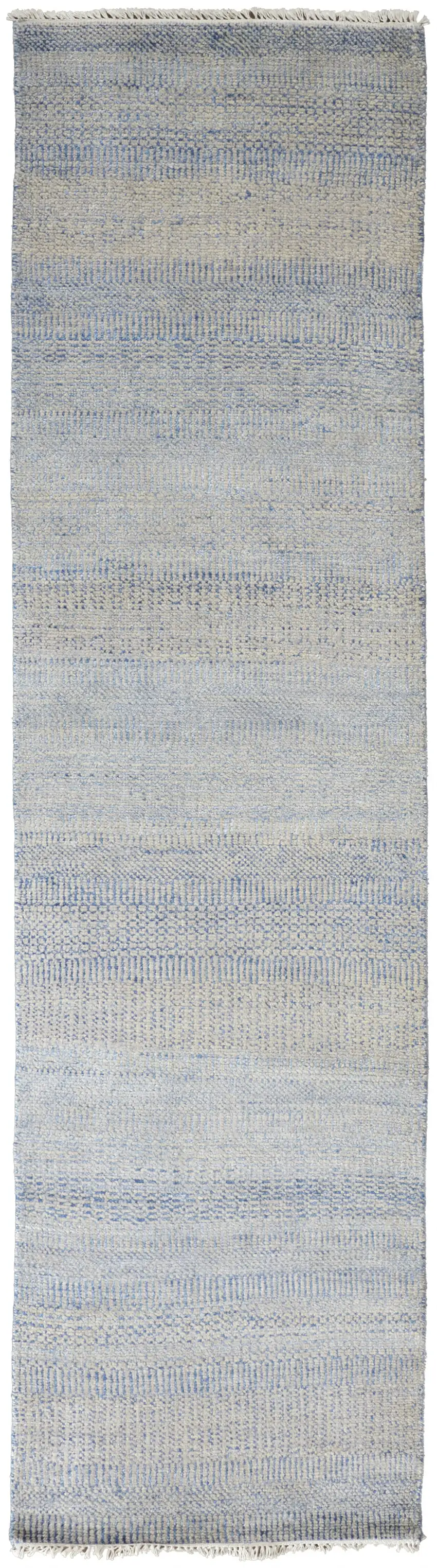 12' Blue And Silver Wool Striped Hand Knotted Runner Rug Photo 1