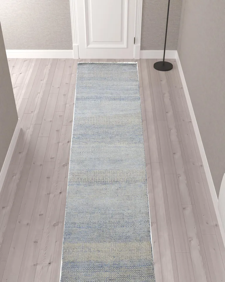 12' Blue And Silver Wool Striped Hand Knotted Runner Rug Photo 2