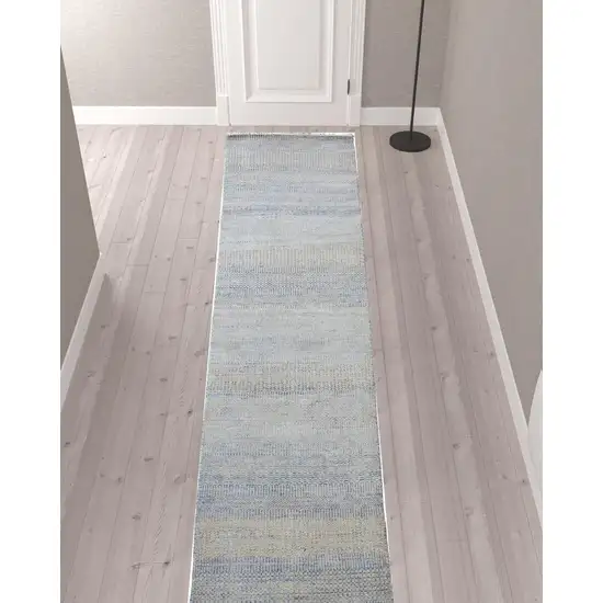 12' Blue And Silver Wool Striped Hand Knotted Runner Rug Photo 2