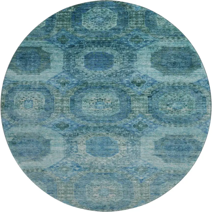 8' Blue And Sky Blue Abstract Geometric Washable Round Rug With UV Protection Photo 1