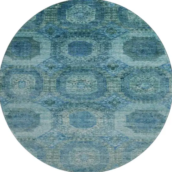 8' Blue And Sky Blue Abstract Geometric Washable Round Rug With UV Protection Photo 3
