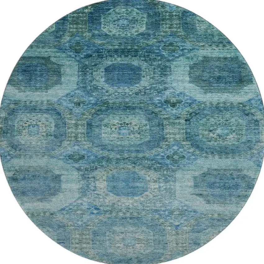 8' Blue And Sky Blue Abstract Geometric Washable Round Rug With UV Protection Photo 3