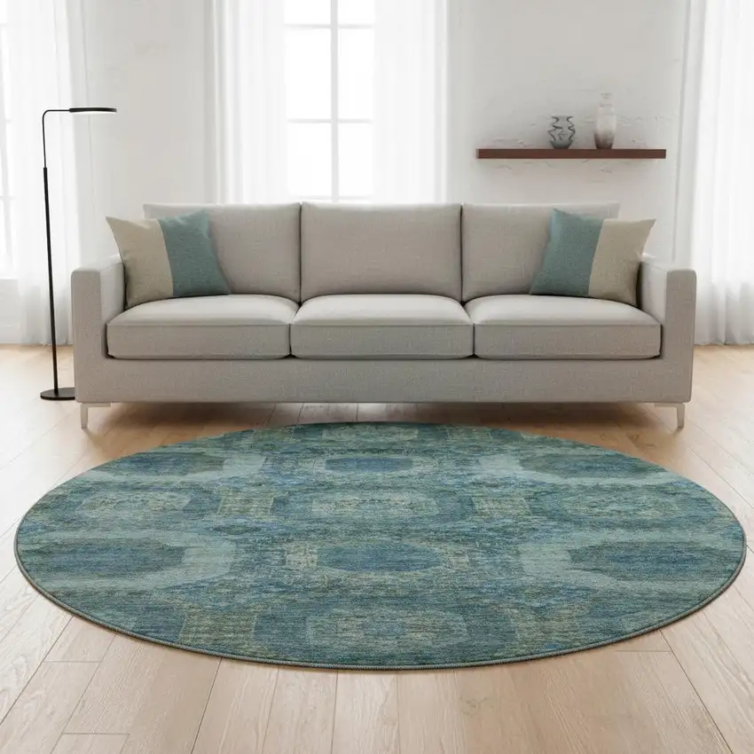8' Blue And Sky Blue Abstract Geometric Washable Round Rug With UV Protection Photo 2