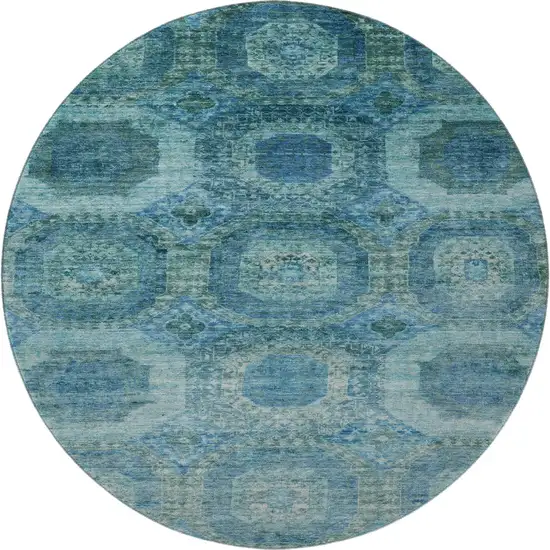 8' Blue And Sky Blue Abstract Geometric Washable Round Rug With UV Protection Photo 4