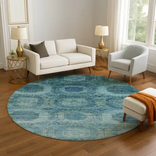 8' Blue And Sky Blue Abstract Geometric Washable Round Rug With UV Protection Photo 5