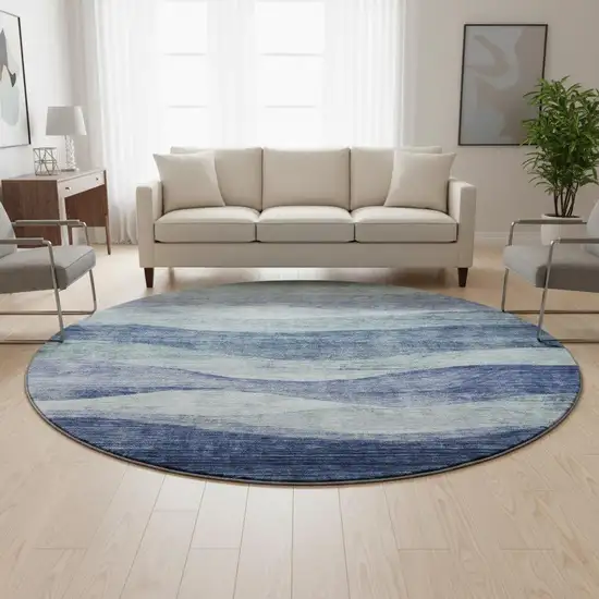 8' Blue And Sky Blue Abstract Washable Round Rug With UV Protection Photo 2