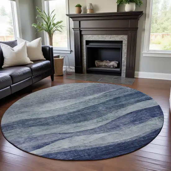8' Blue And Sky Blue Abstract Washable Round Rug With UV Protection Photo 4