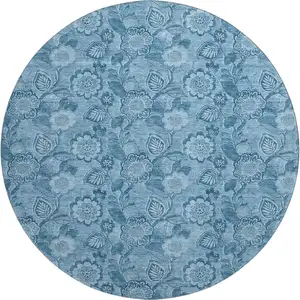 Photo of 8' Blue And Sky Blue Floral Washable Round Rug With UV Protection