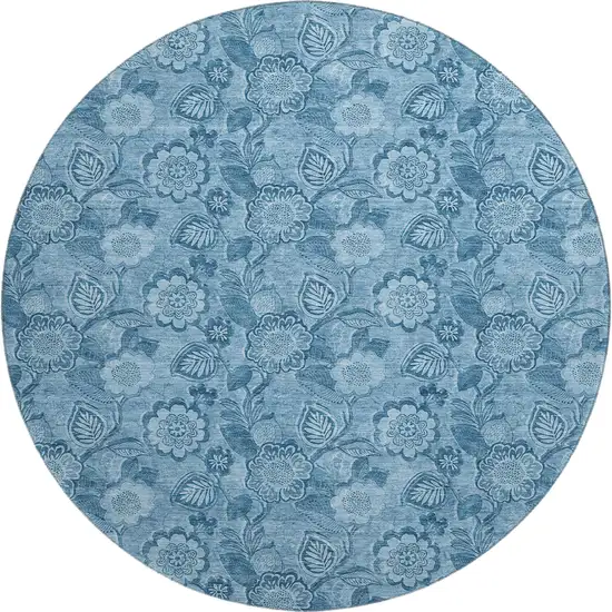 8' Blue And Sky Blue Floral Washable Round Rug With UV Protection Photo 1
