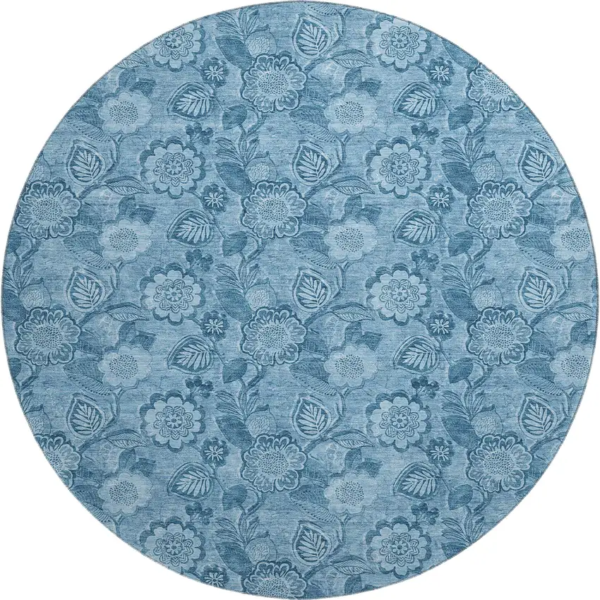 8' Blue And Sky Blue Floral Washable Round Rug With UV Protection Photo 1