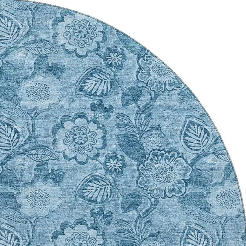8' Blue And Sky Blue Floral Washable Round Rug With UV Protection Photo 4