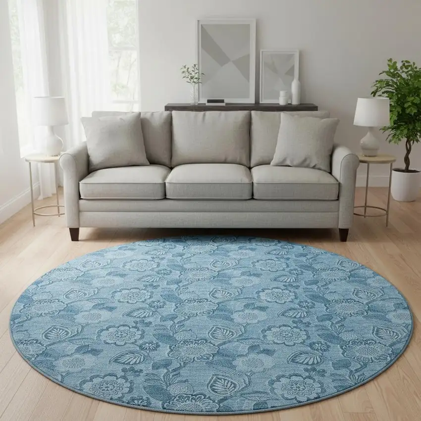8' Blue And Sky Blue Floral Washable Round Rug With UV Protection Photo 2