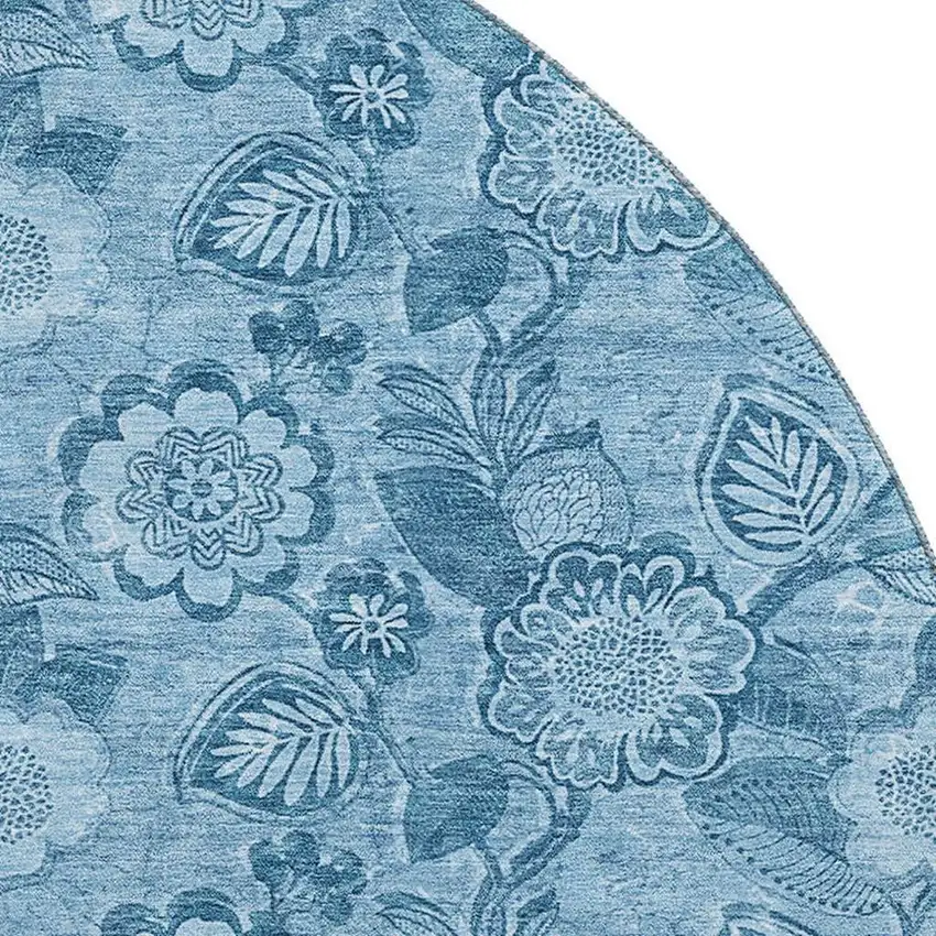 8' Blue And Sky Blue Floral Washable Round Rug With UV Protection Photo 3