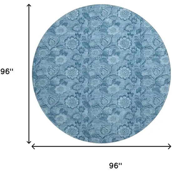 8' Blue And Sky Blue Floral Washable Round Rug With UV Protection Photo 9
