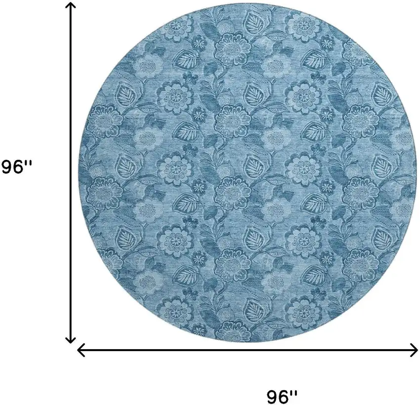 8' Blue And Sky Blue Floral Washable Round Rug With UV Protection Photo 9