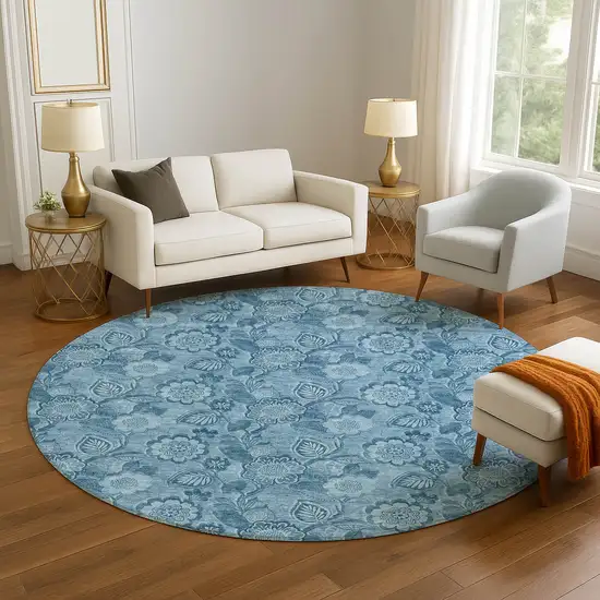 8' Blue And Sky Blue Floral Washable Round Rug With UV Protection Photo 5