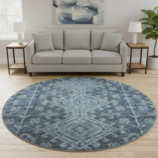 8' Blue And Sky Blue Geometric Washable Round Rug With UV Protection Photo 1