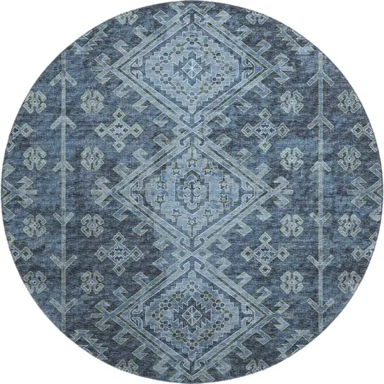 8' Blue And Sky Blue Geometric Washable Round Rug With UV Protection Photo 2