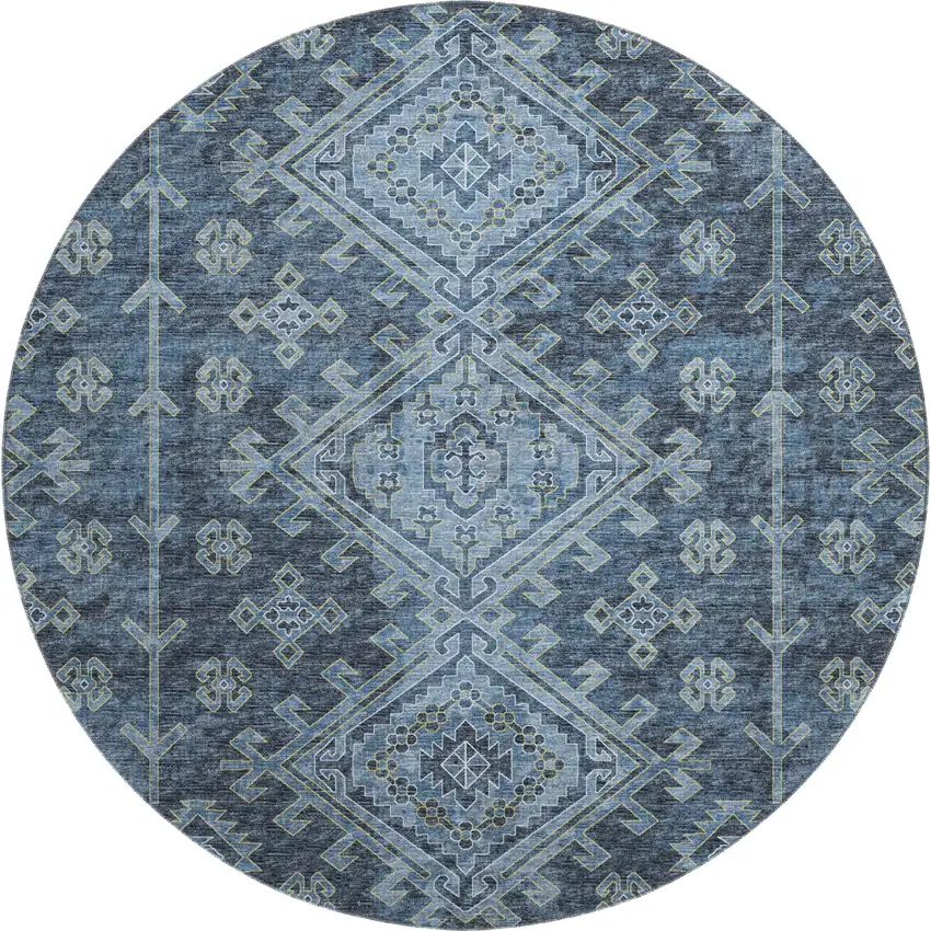 8' Blue And Sky Blue Geometric Washable Round Rug With UV Protection Photo 2