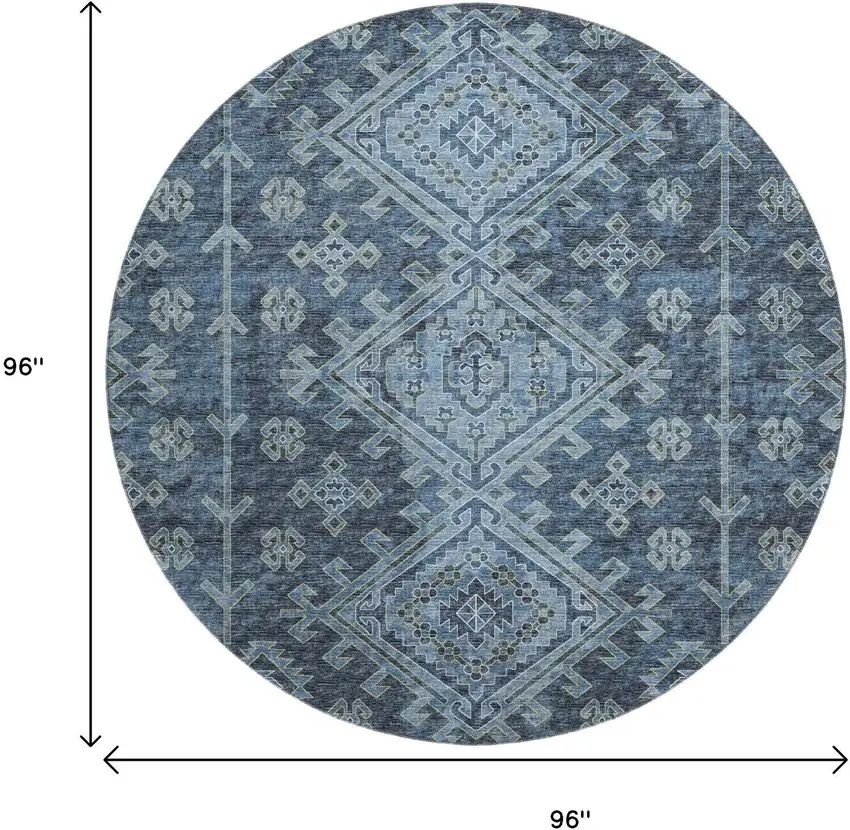 8' Blue And Sky Blue Geometric Washable Round Rug With UV Protection Photo 3