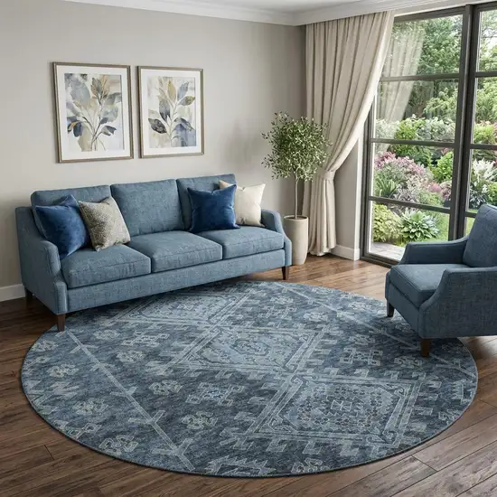 8' Blue And Sky Blue Diamond Distressed Washable Round Rug With UV Protection Photo 1