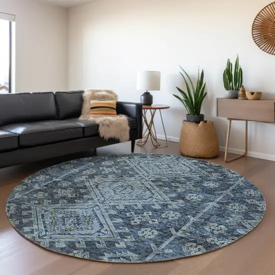 8' Blue And Sky Blue Geometric Washable Round Rug With UV Protection Photo 4