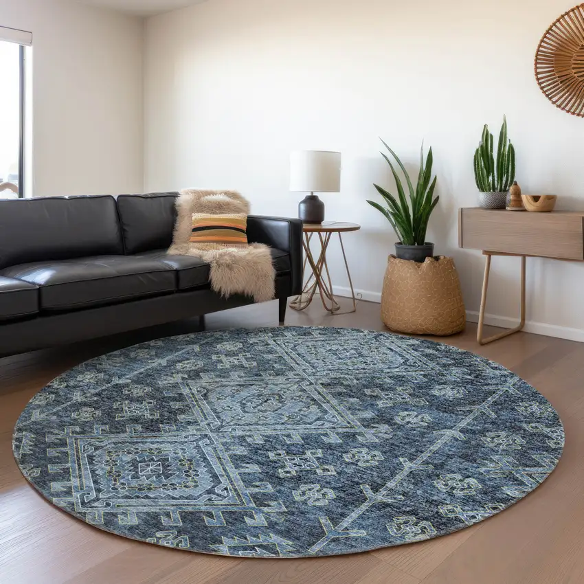 8' Blue And Sky Blue Geometric Washable Round Rug With UV Protection Photo 4
