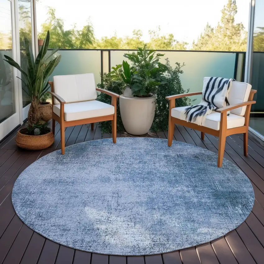 8' Blue And Sky Blue Round Abstract Washable Indoor Outdoor Area Rug Photo 5