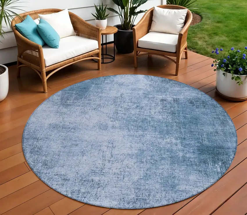 8' Blue And Sky Blue Round Abstract Washable Indoor Outdoor Area Rug Photo 2