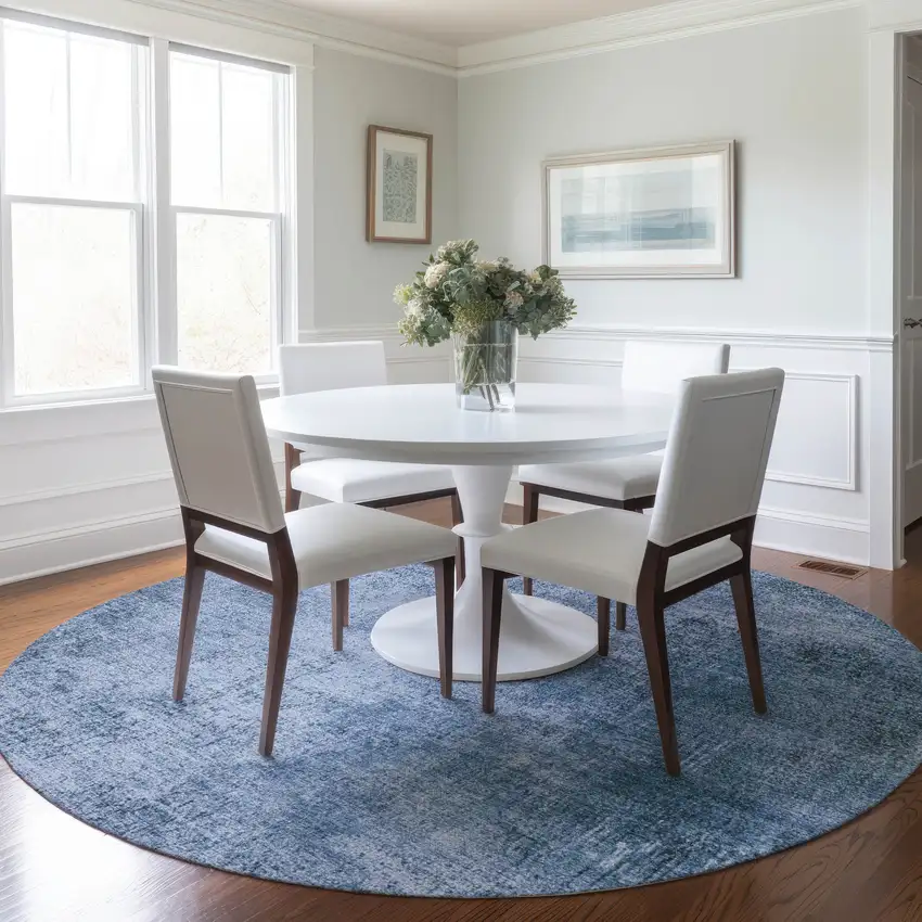 8' Blue And Sky Blue Round Abstract Washable Indoor Outdoor Area Rug Photo 6