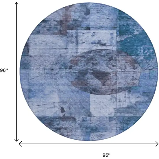 8' Blue And Sky Blue Round Abstract Washable Indoor Outdoor Area Rug Photo 9