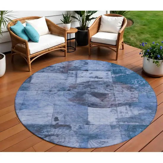 8' Blue And Sky Blue Round Abstract Washable Indoor Outdoor Area Rug Photo 2