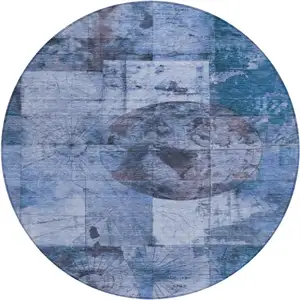 Photo of 8' Blue And Sky Blue Round Abstract Washable Indoor Outdoor Area Rug