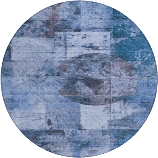 8' Blue And Sky Blue Round Abstract Washable Indoor Outdoor Area Rug Photo 1