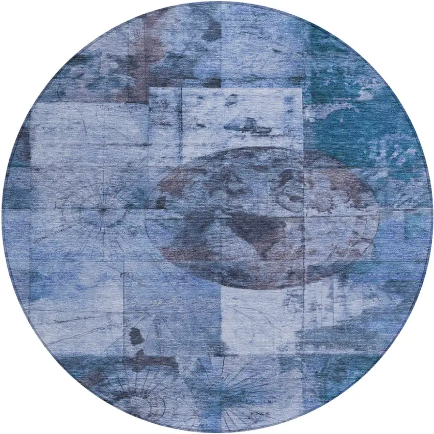 8' Blue And Sky Blue Round Abstract Washable Indoor Outdoor Area Rug Photo 1