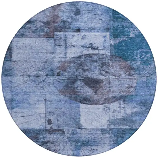 8' Blue And Sky Blue Round Abstract Washable Indoor Outdoor Area Rug Photo 3