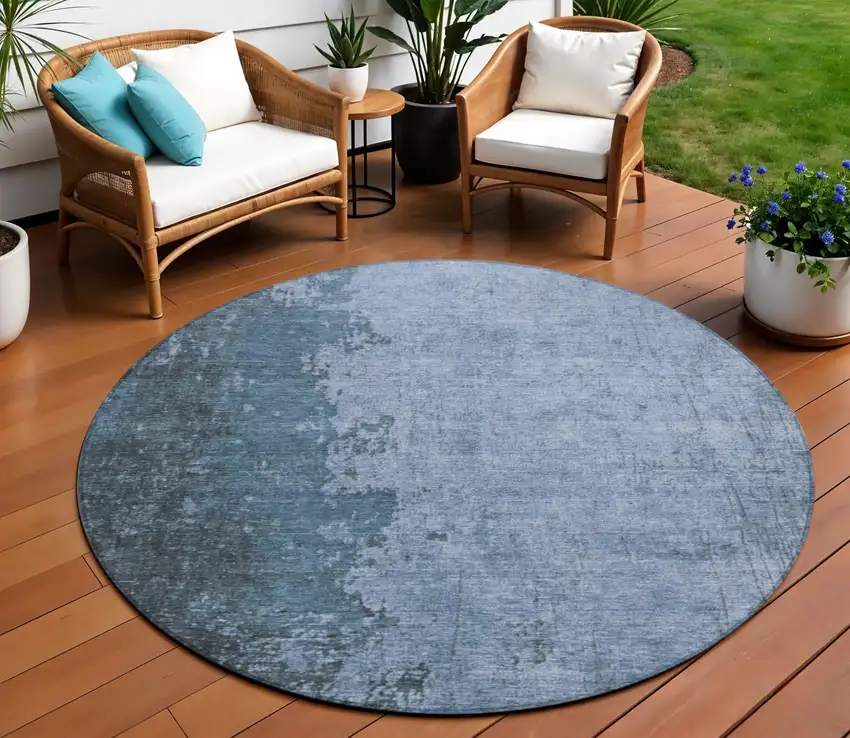 8' Blue And Sky Blue Round Abstract Washable Indoor Outdoor Area Rug Photo 2