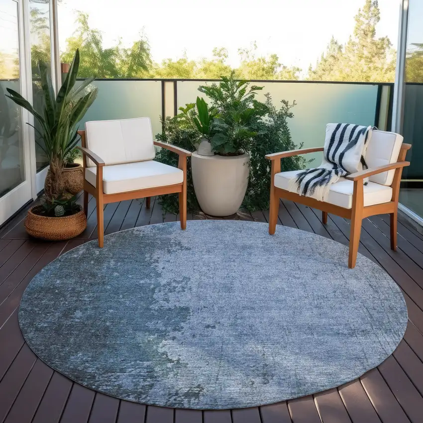 8' Blue And Sky Blue Round Abstract Washable Indoor Outdoor Area Rug Photo 5