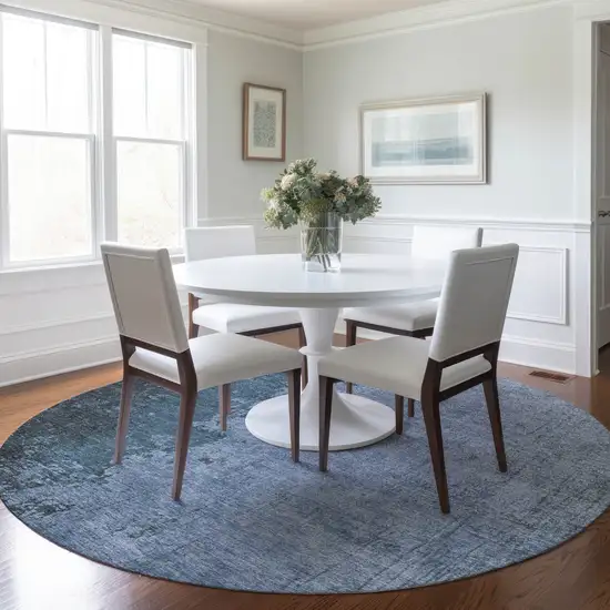 8' Blue And Sky Blue Round Abstract Washable Indoor Outdoor Area Rug Photo 6