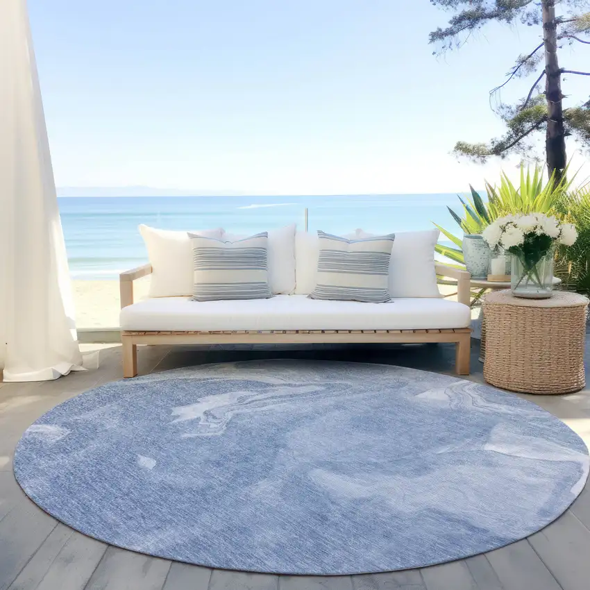 8' Blue And Sky Blue Round Abstract Washable Indoor Outdoor Area Rug Photo 6