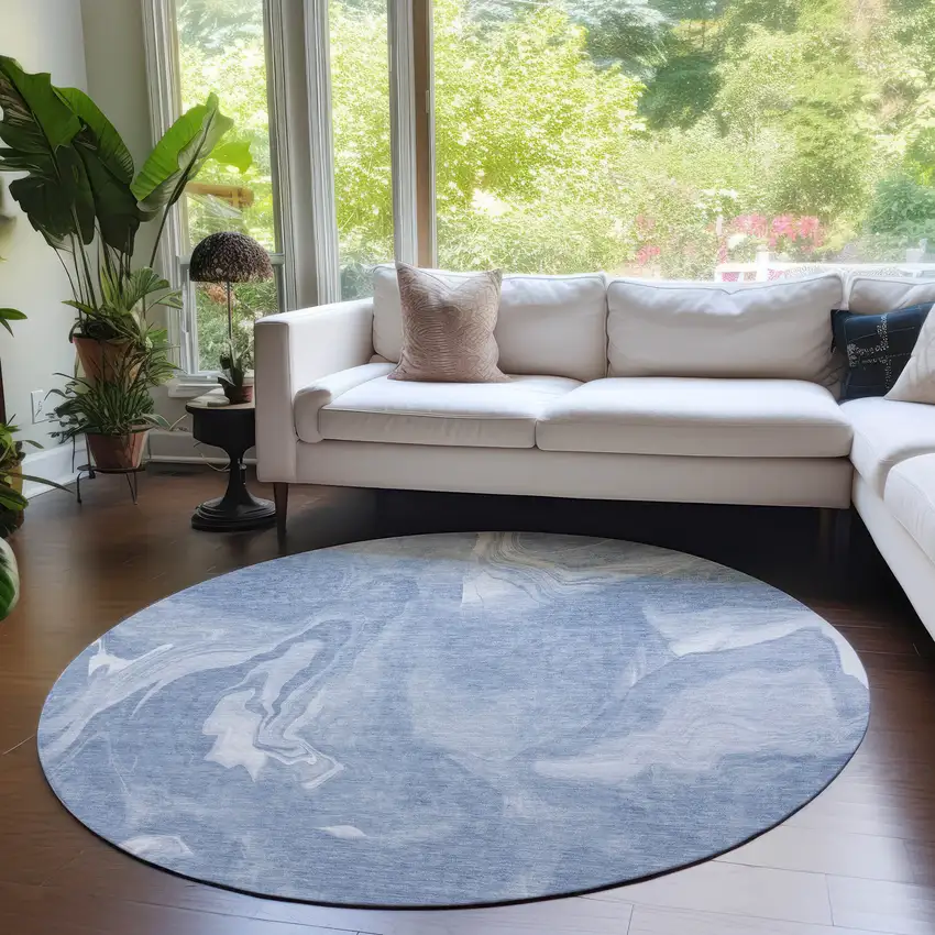 8' Blue And Sky Blue Round Abstract Washable Indoor Outdoor Area Rug Photo 7